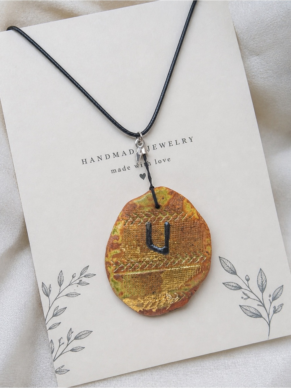 Handmade Ceramic Rune Pendant Necklace Viking Boho Talisman Artisan Jewelry
